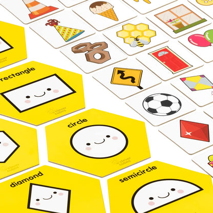 Colorful shape sorting toys for ages 2+, featuring various shapes and icons for learning