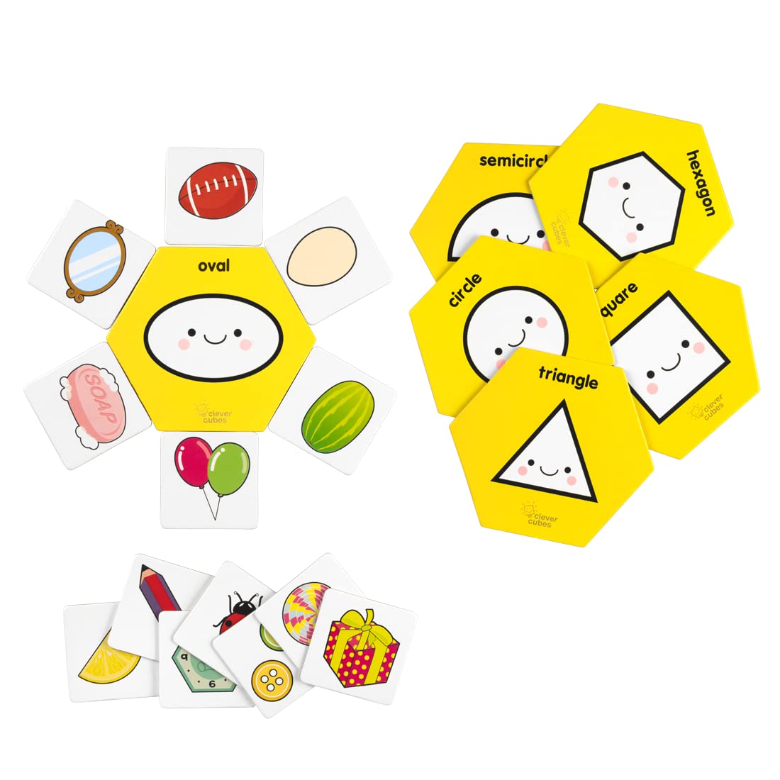 Yellow hexagon shape sorting toys for ages 3+, featuring various shapes and colorful images