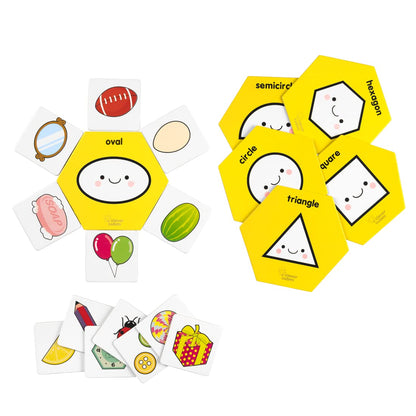 Yellow hexagon shape sorting toys for ages 3+, featuring various shapes and colorful images