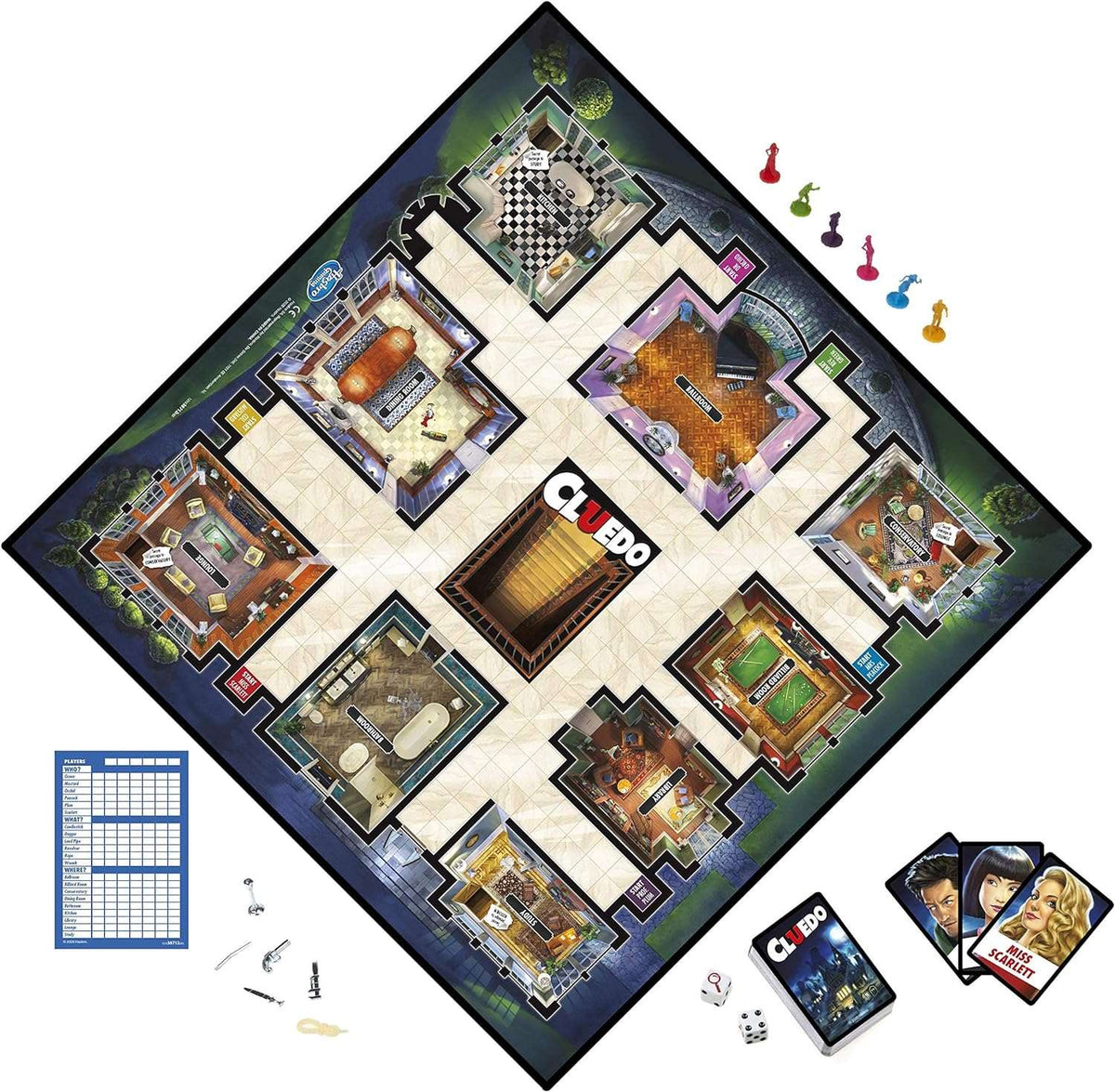 Cluedo Movies board game with colorful tokens, ages 8+, for family fun and mystery solving