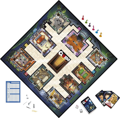 Cluedo Movies board game with colorful tokens, ages 8+, for family fun and mystery solving