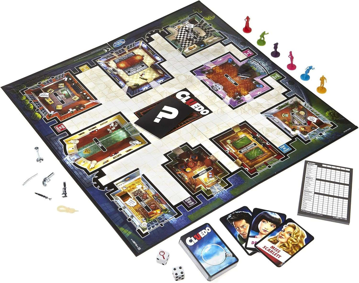 Cluedo board game featuring colorful pieces for ages 8+, exploring mysteries like cluedo movies