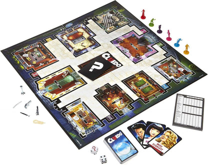Cluedo board game featuring colorful pieces for ages 8+, exploring mysteries like cluedo movies