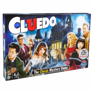 Cluedo board game featuring mystery characters and vibrant artwork, age 8+, perfect for family game nights.