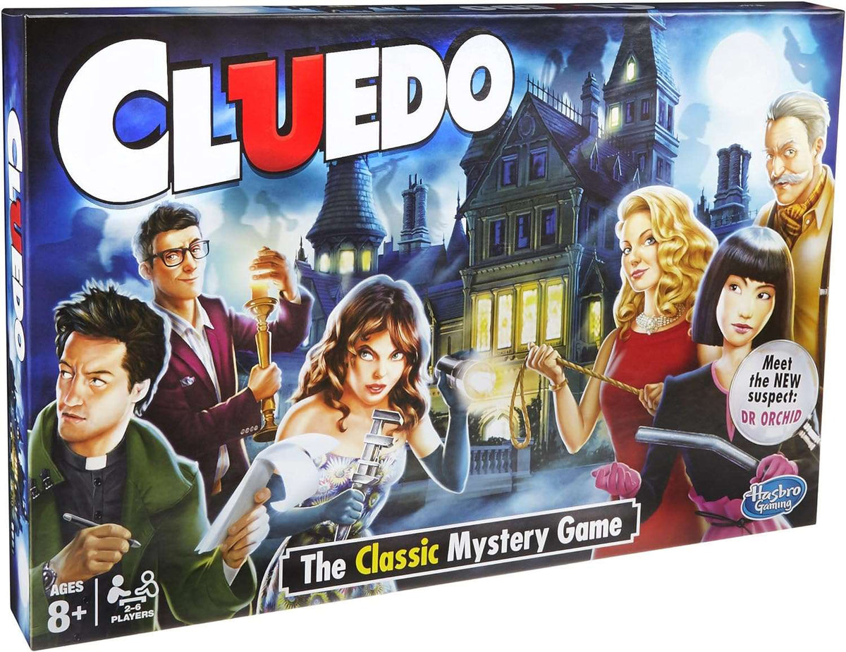 Cluedo board game with colorful characters, ages 8+, classic mystery game for family fun and entertainment
