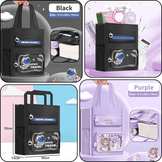 Black NIYO TOYS tote bag with space travel design, perfect for kids age 5+, stylish coach handbag purse