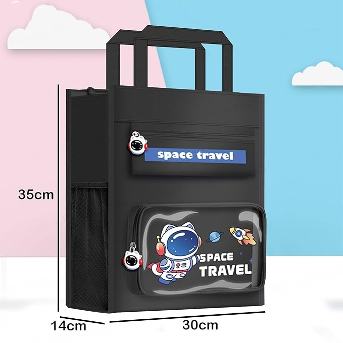 Black NIYO TOYS tote bag with space travel design, perfect for kids and as a coach handbag purse