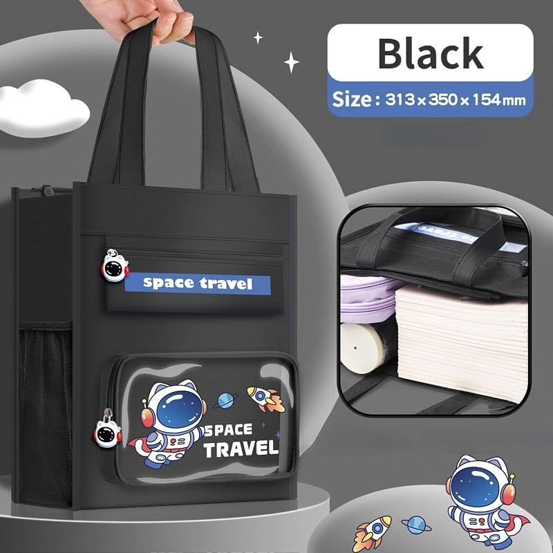Black NIYO TOYS space travel tote bag with astronaut design, perfect as a coach handbag purse for all ages