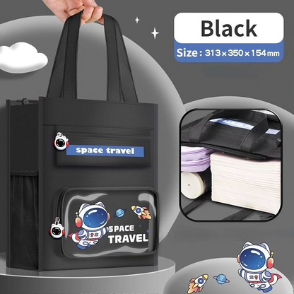 Black NIYO TOYS space travel tote bag with astronaut design, perfect as a coach handbag purse for all ages