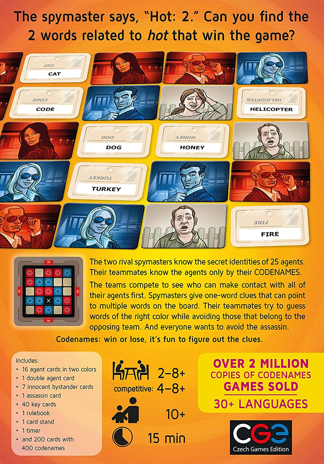 Codenames board game box featuring colorful agent cards and player setup information
