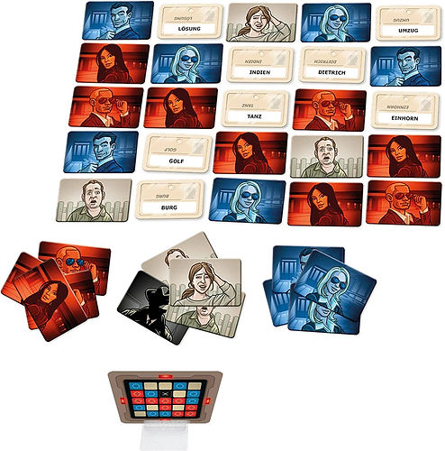 Codenames board game components including cards and code-breaking grid for strategic gameplay
