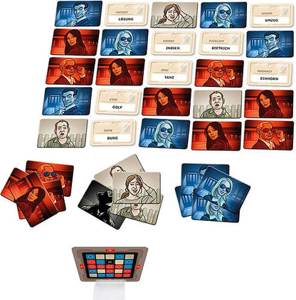 Codenames board game components including cards and code-breaking grid for strategic gameplay