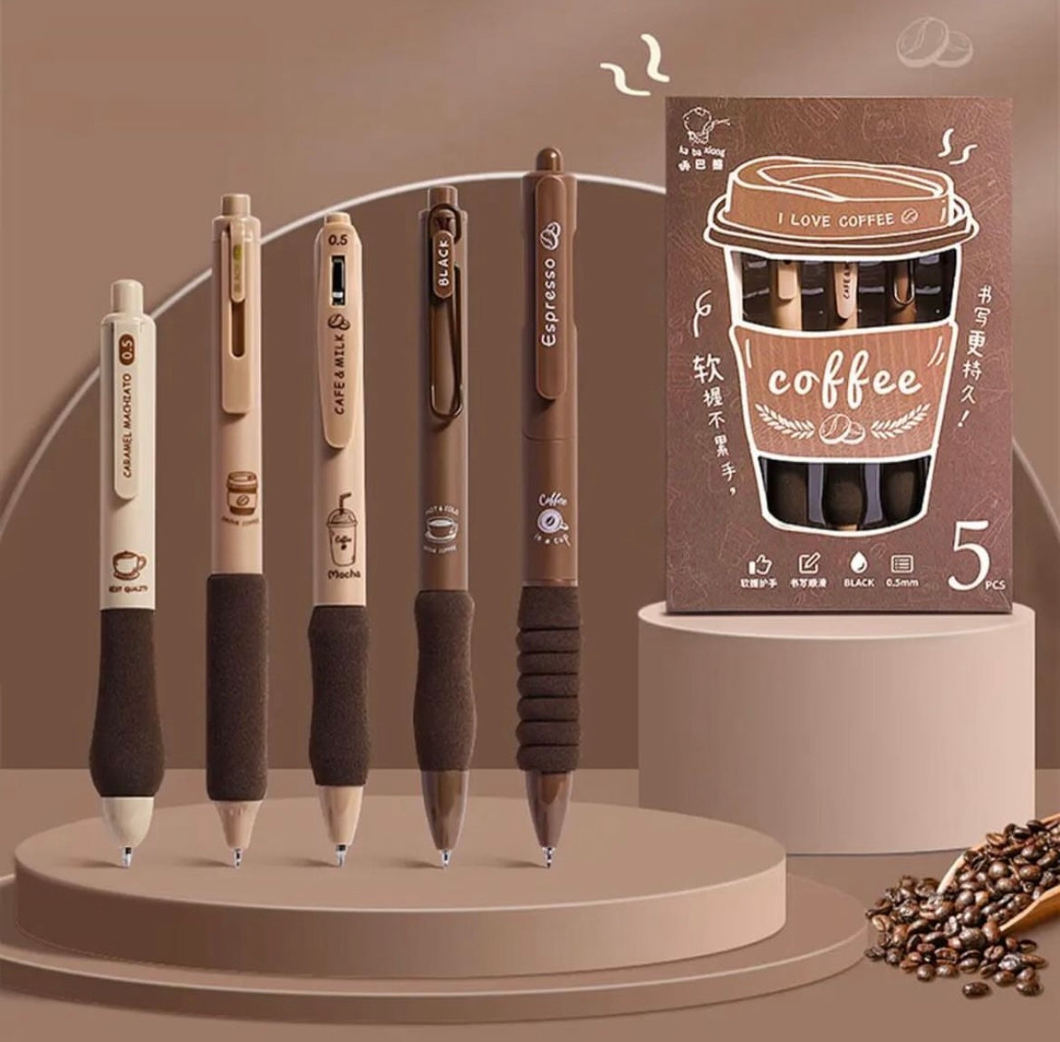 NIYO TOYS coffee-themed gel pens set, five brown gel pens suitable for ages 6+, perfect for school and art projects