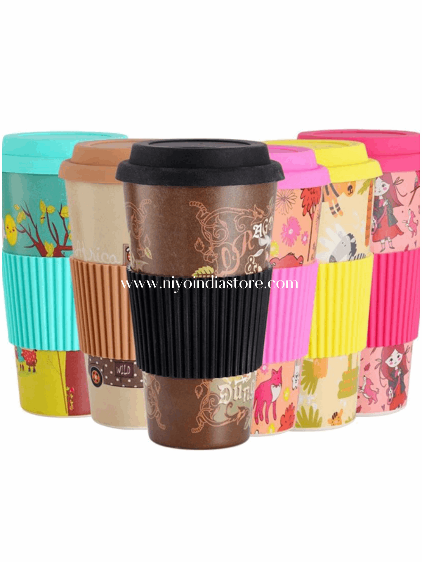 Colorful NIYO TOYS coffee mugs with silicone sleeves, ideal for both kids and adults, perfect for daily use