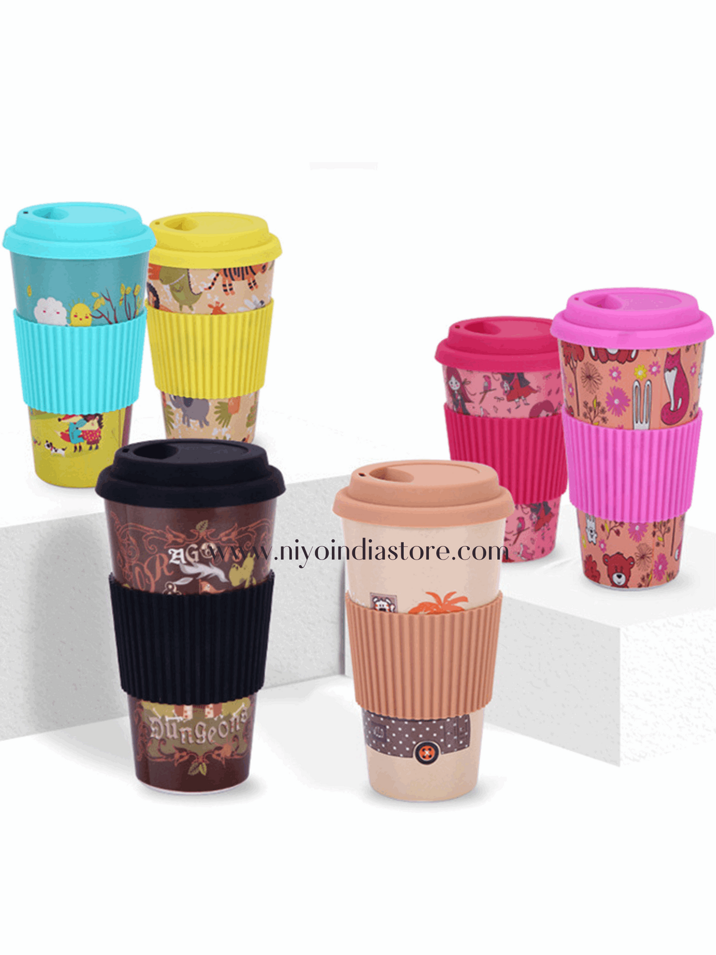 Colorful NIYO TOYS coffee mug set with fun designs and silicone sleeves for ages 3 and up, perfect for imaginative play