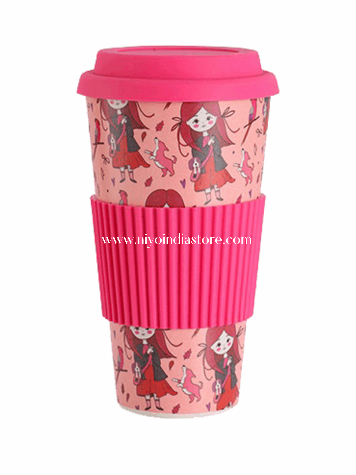 NIYO TOYS pink coffee mug with a fun cartoon design, ideal for ages 3 and up, perfect for drinks on the go