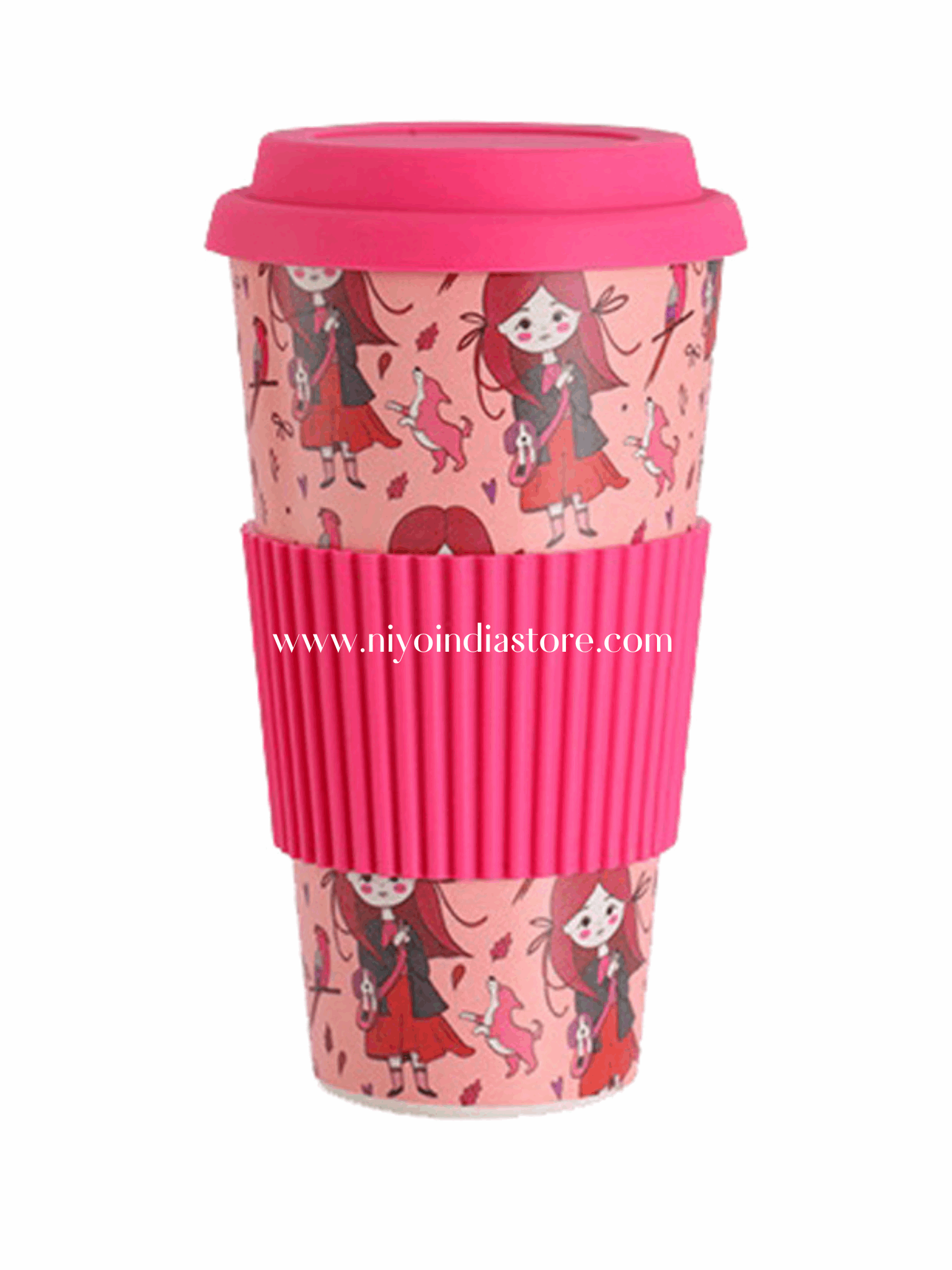 NIYO TOYS pink coffee mug with a fun cartoon design, ideal for ages 3 and up, perfect for drinks on the go