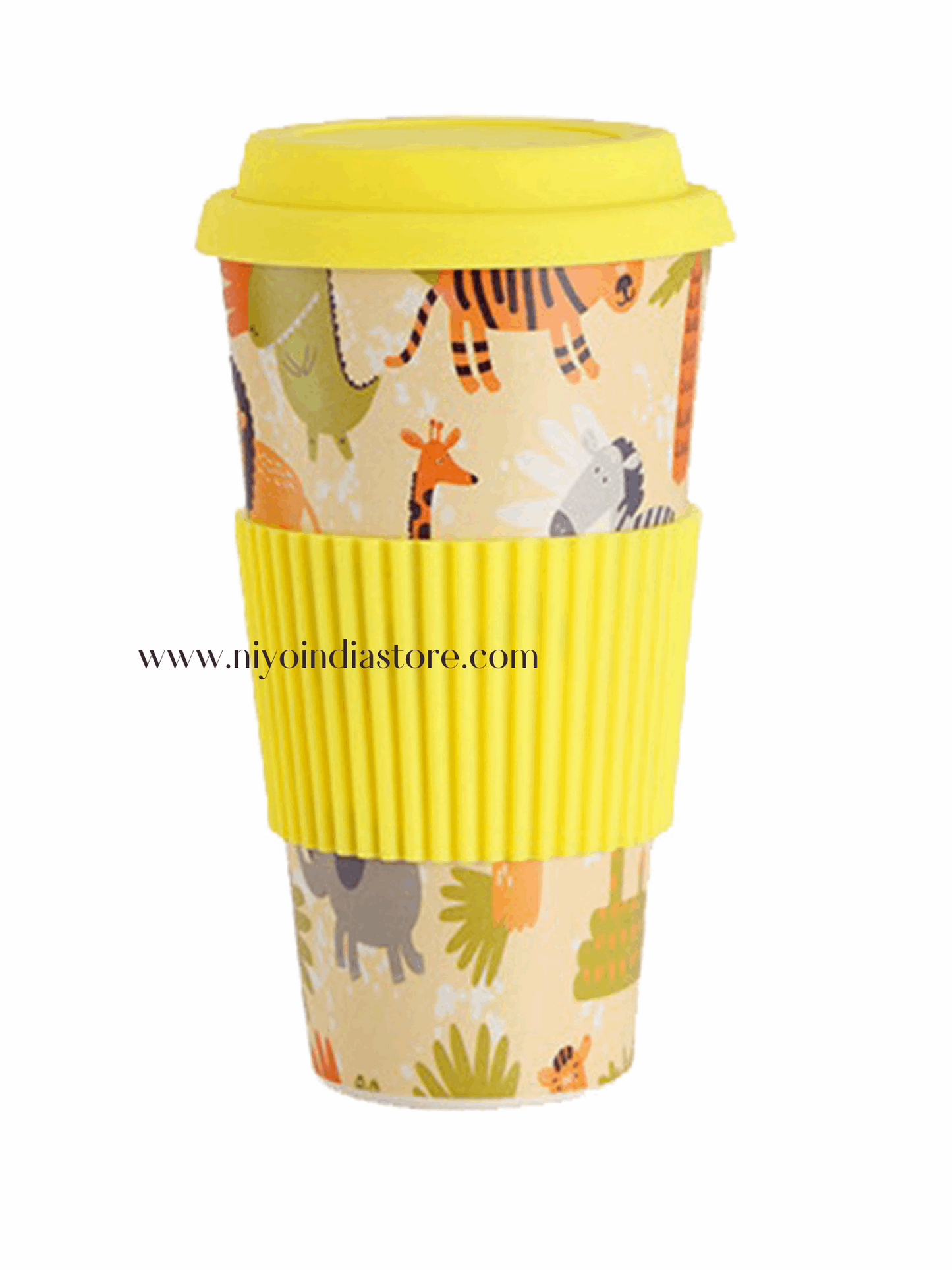 Colorful NIYO TOYS coffee mug with animal prints and a yellow grip, ideal for kids aged 3 and up