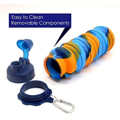 NIYO TOYS collapsible drinking bottle in blue and orange, easy to clean, suitable for all ages