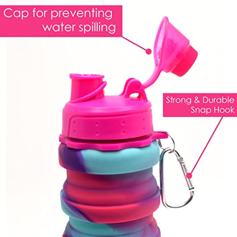 Pink collapsible drinking bottle with a cap for preventing spills, suitable for all ages