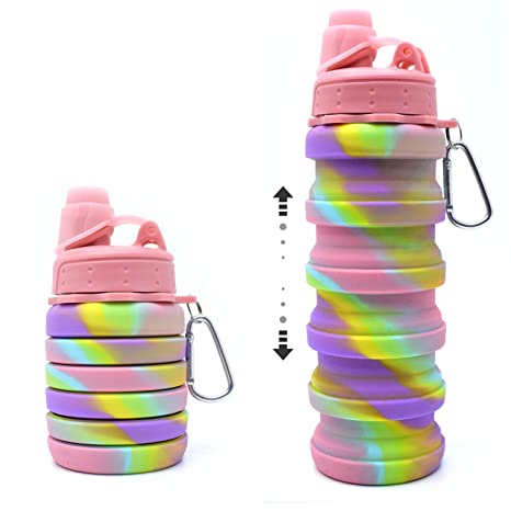 Colorful collapsible drinking bottle in pastel shades, perfect for all ages and outdoor activities