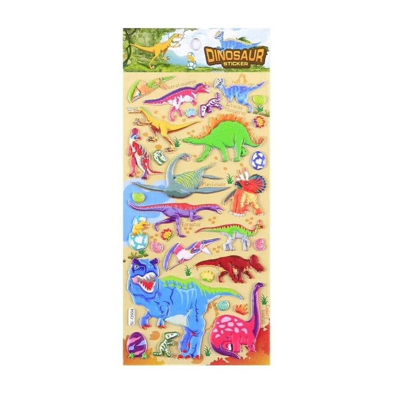 Colorful 3D stickers featuring dinosaurs, perfect for ages 3+, ideal for crafts and decorations