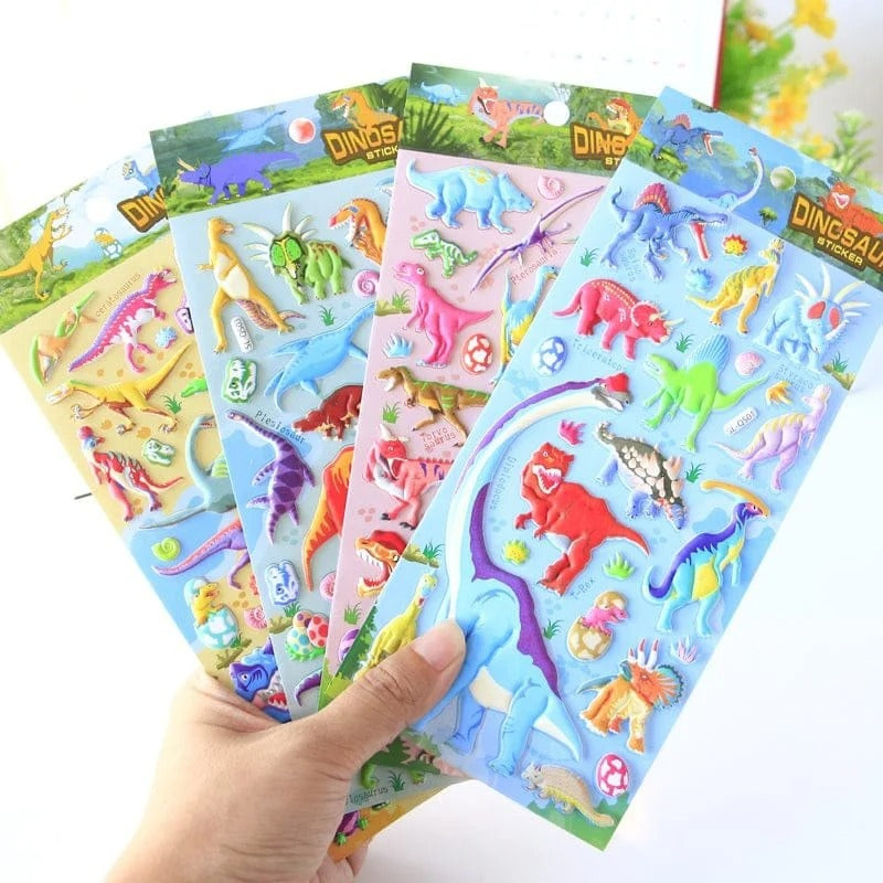 Colorful 3D stickers featuring dinosaurs, ideal for ages 3+, perfect for crafts and decorations