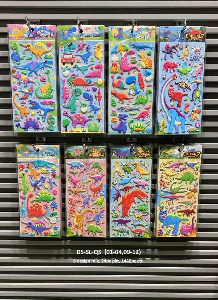 Colorful 3D stickers featuring dinosaurs and vehicles for creative fun, age 3+, perfect for crafts and decor