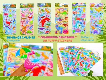 Colorful dinosaur 3D stickers pack with 24 puffy designs for ages 3 and up, perfect for creative projects