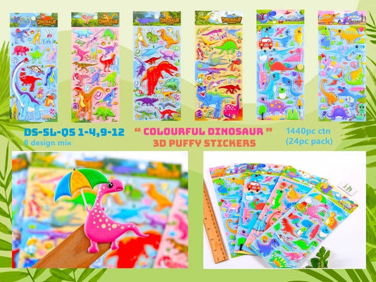 Colorful dinosaur 3D stickers pack with 24 puffy designs for ages 3 and up, perfect for creative projects