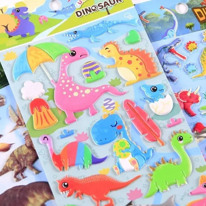 Colorful 3D stickers featuring dinosaurs, perfect for ages 3+, ideal for arts and crafts projects