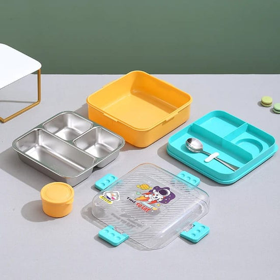 Colorful compartment lunchbox for kids with multiple containers and utensils, perfect for school meals