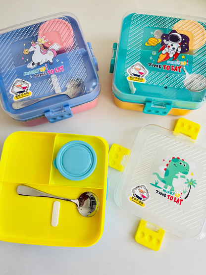Brightly colored NIYO TOYS compartment lunchbox for kids with fun designs and included spoon