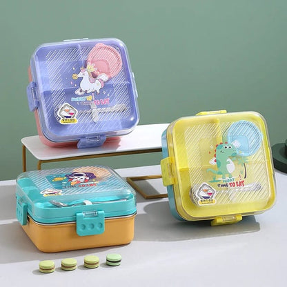 Colorful compartment lunchbox for kids with playful designs and multiple sections for food storage
