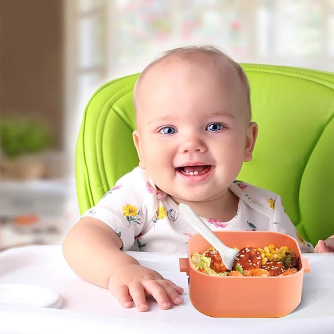 Niyo Toys orange lunch box for toddlers with a cooking pot stainless steel design, perfect for ages 1-3
