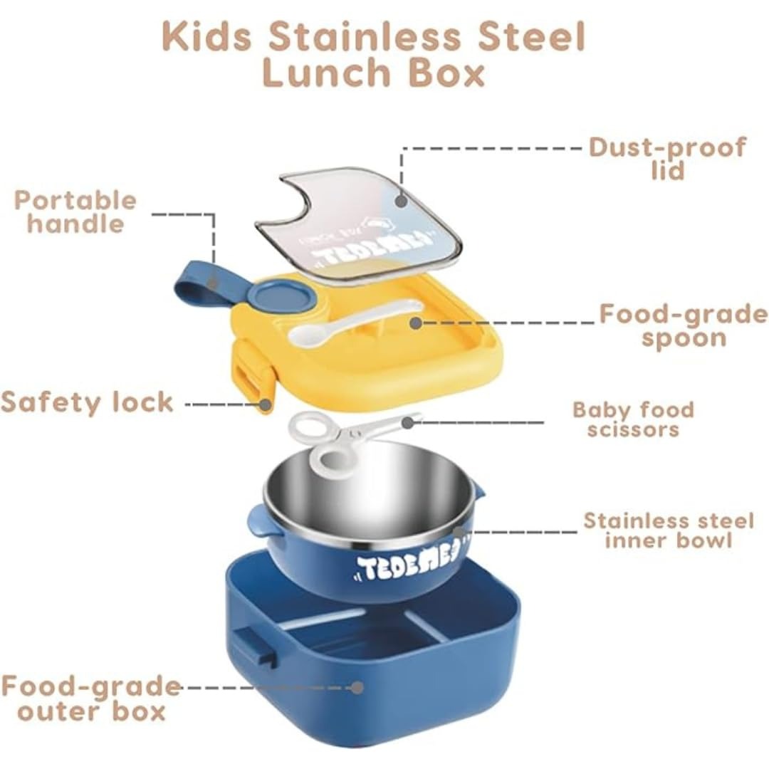 Kids stainless steel lunch box with portable handle and safety lock for age 3+, includes spoon and scissors