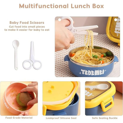Multifunctional blue lunch box with food scissors, ideal for ages 3+, includes a cooking pot stainless steel design