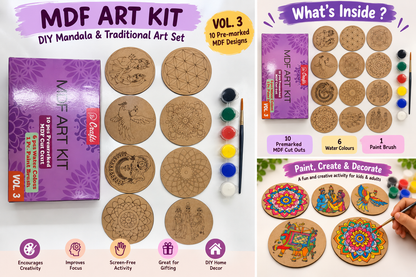 DIY Mandala Art Coloring Pages Kit by NIYO TOYS for ages 6+, includes 10 pre-marked MDF designs, paint, and brush
