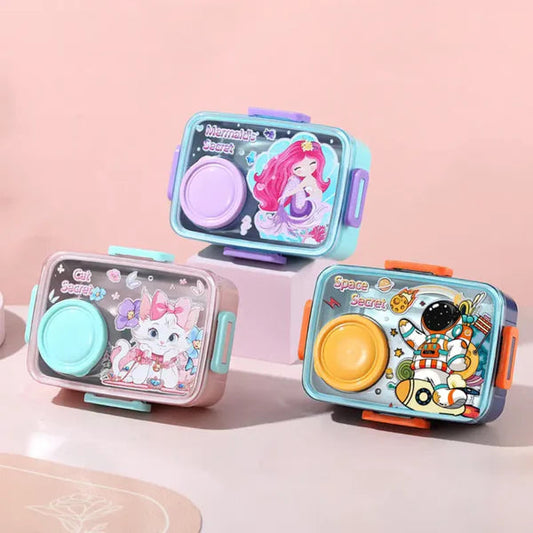 Colorful NIYO TOYS Lunch Box Set with Mermaid, Cat, and Space designs for ages 3 and up