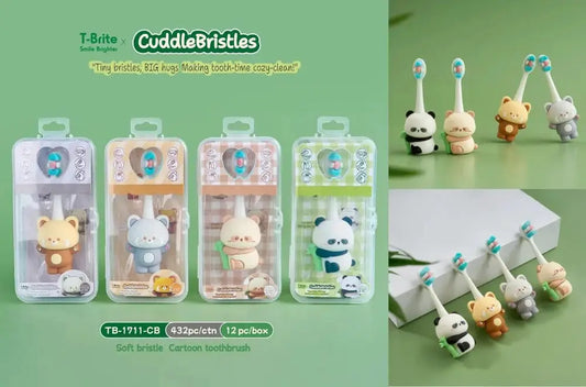 Four colorful soft bristle toothbrushes for children, shaped like cute animals, age 3+, for fun tooth cleaning