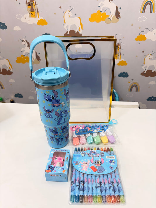 Blue Stitch themed custom stationery set for kids including tumbler, markers, and pen case