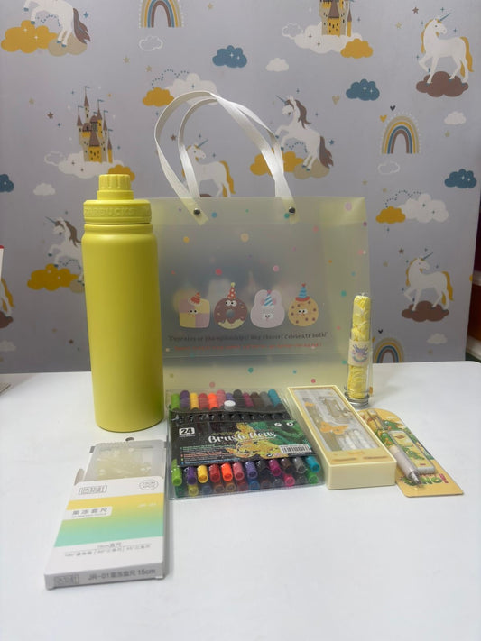 Yellow custom stationery set with bottle, markers, and accessories for kids, perfect for school use
