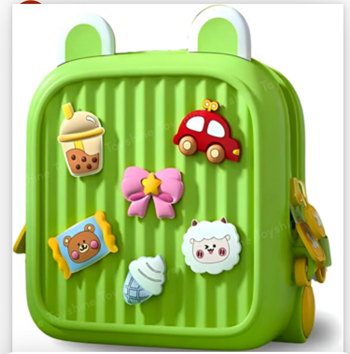 Cute kids backpack in green with fun animal and food themed stickers, perfect for ages 3 and up