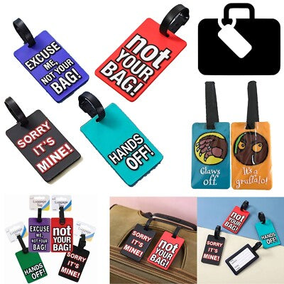Colorful cute luggage tags for kids with fun phrases, ideal for travel and school use
