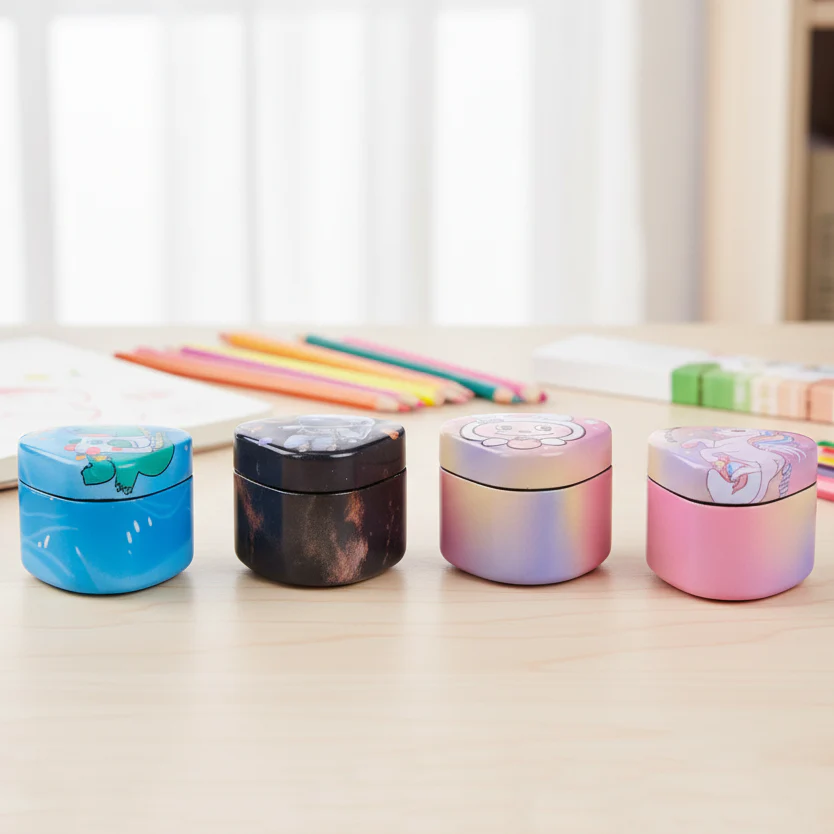 Set of four colorful NIYO TOYS sharpeners featuring unique designs for all ages