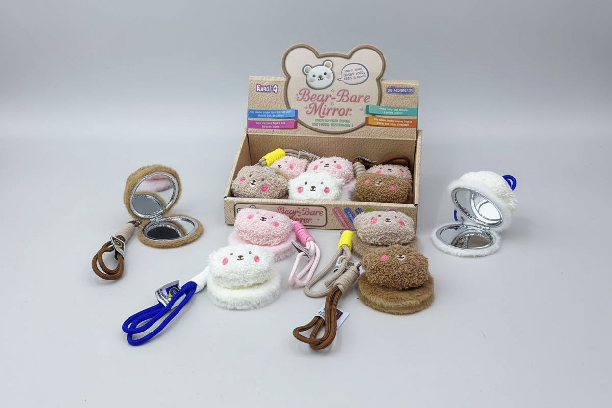 Cute pocket mirror for kids featuring adorable bear-themed designs in soft fur material