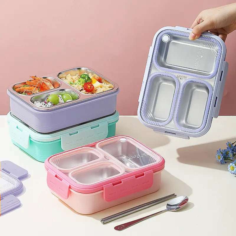Colorful lunch box set with multiple compartments, perfect for all ages and includes a stainless steel drinks bottle