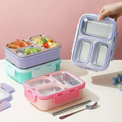Colorful lunch box set with multiple compartments, perfect for all ages and includes a stainless steel drinks bottle