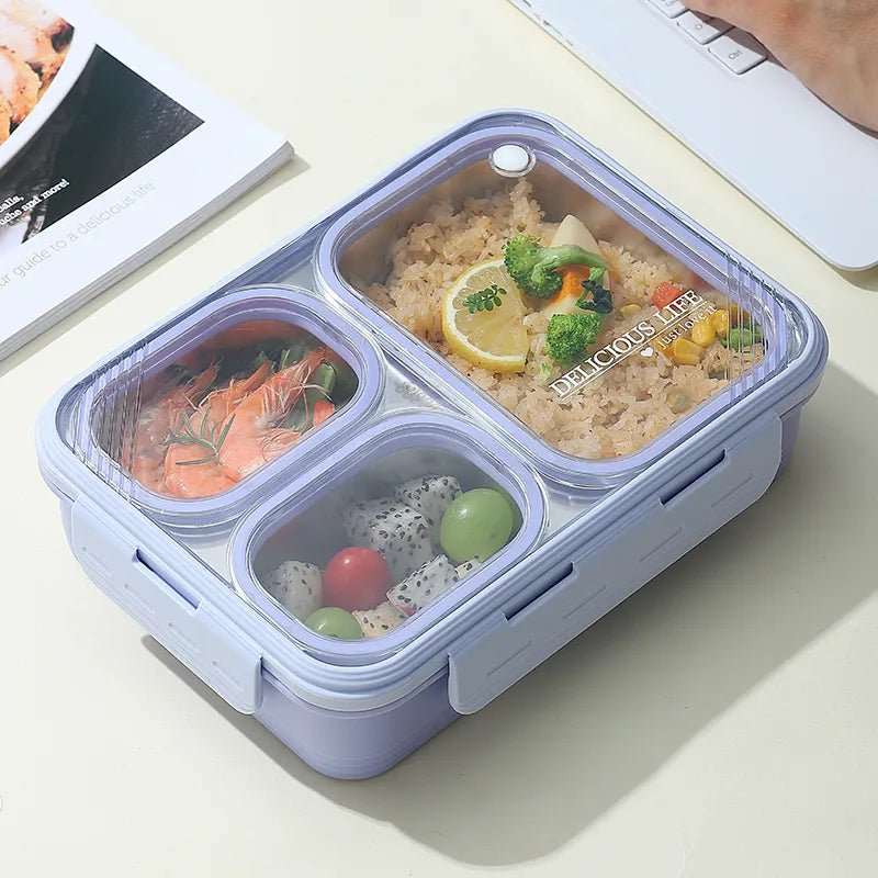 NIYO TOYS Lunch Box with Three Compartments in Purple, Ideal for Kids, Featuring a Stainless Steel Drinks Bottle