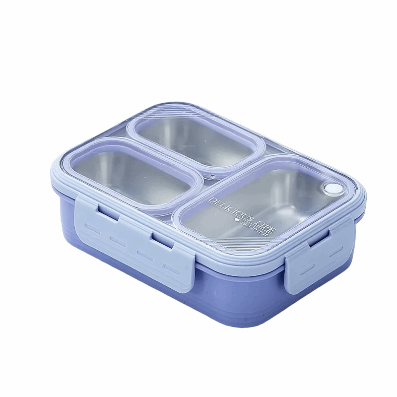 Purple NIYO TOYS lunch box with three compartments, perfect for kids' meals at school.